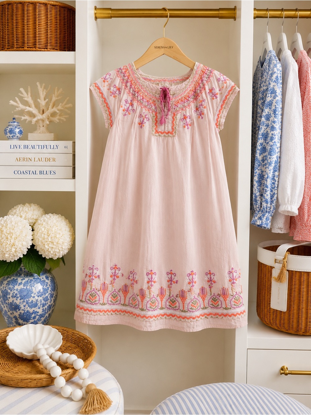 Mini Boden Pink Embroidered Cotton Dress with Multicolor Stitching